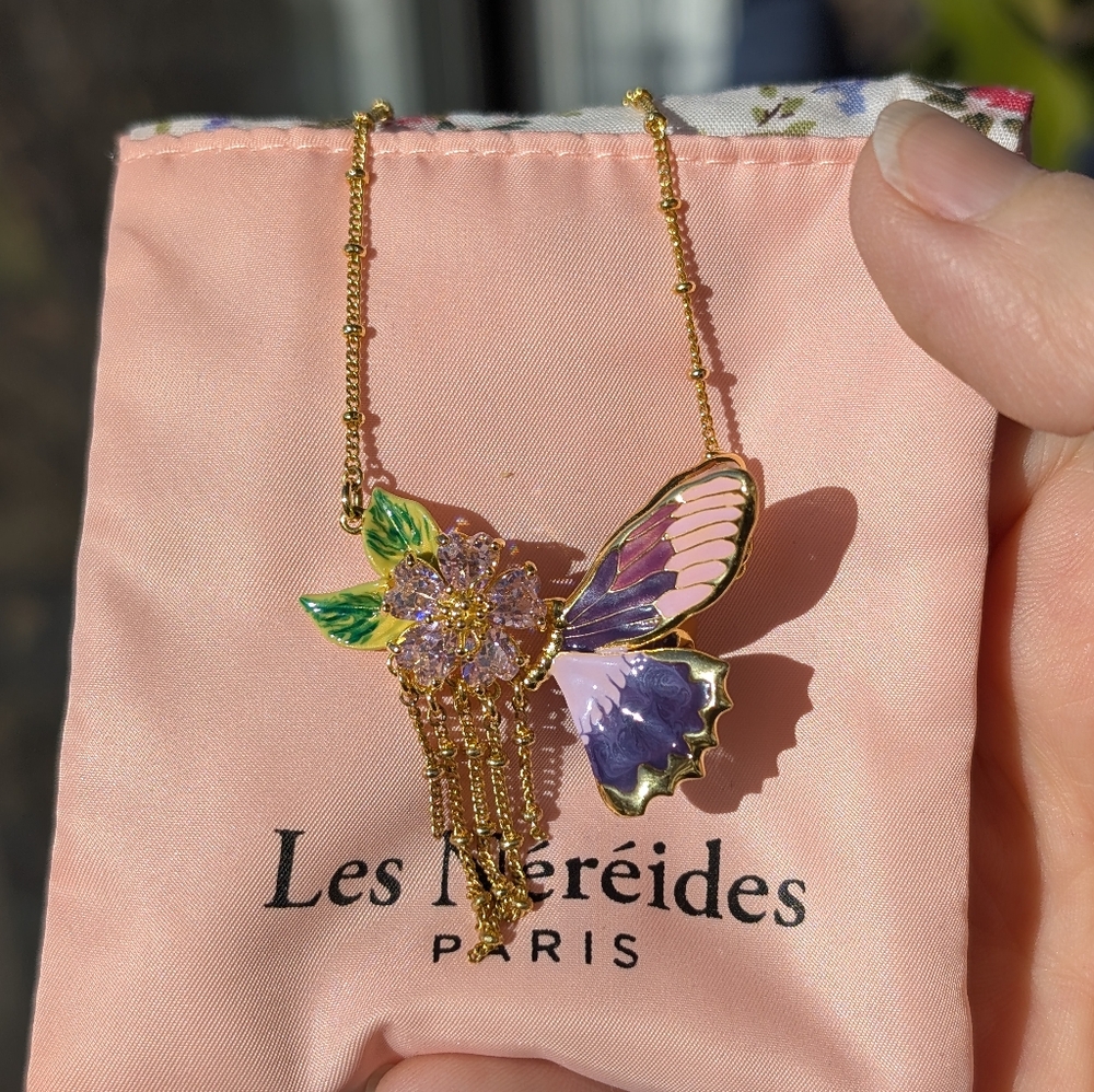 Les Nereides Terinos Butterfly and Flower Petals necklace